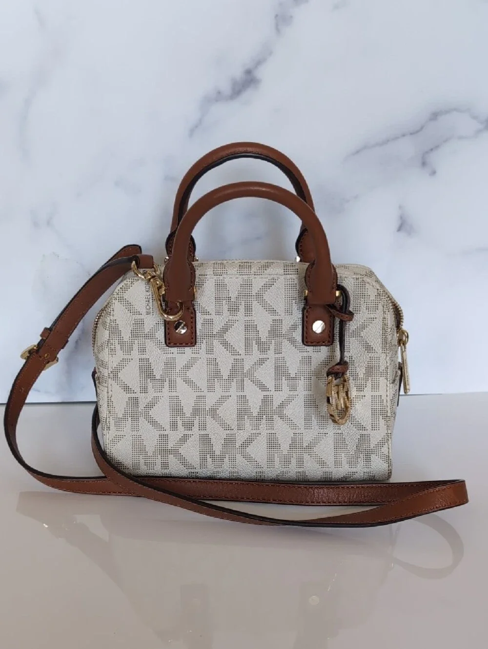 Michael Kors Cream and Brown Logo Satchel with Gold Accent